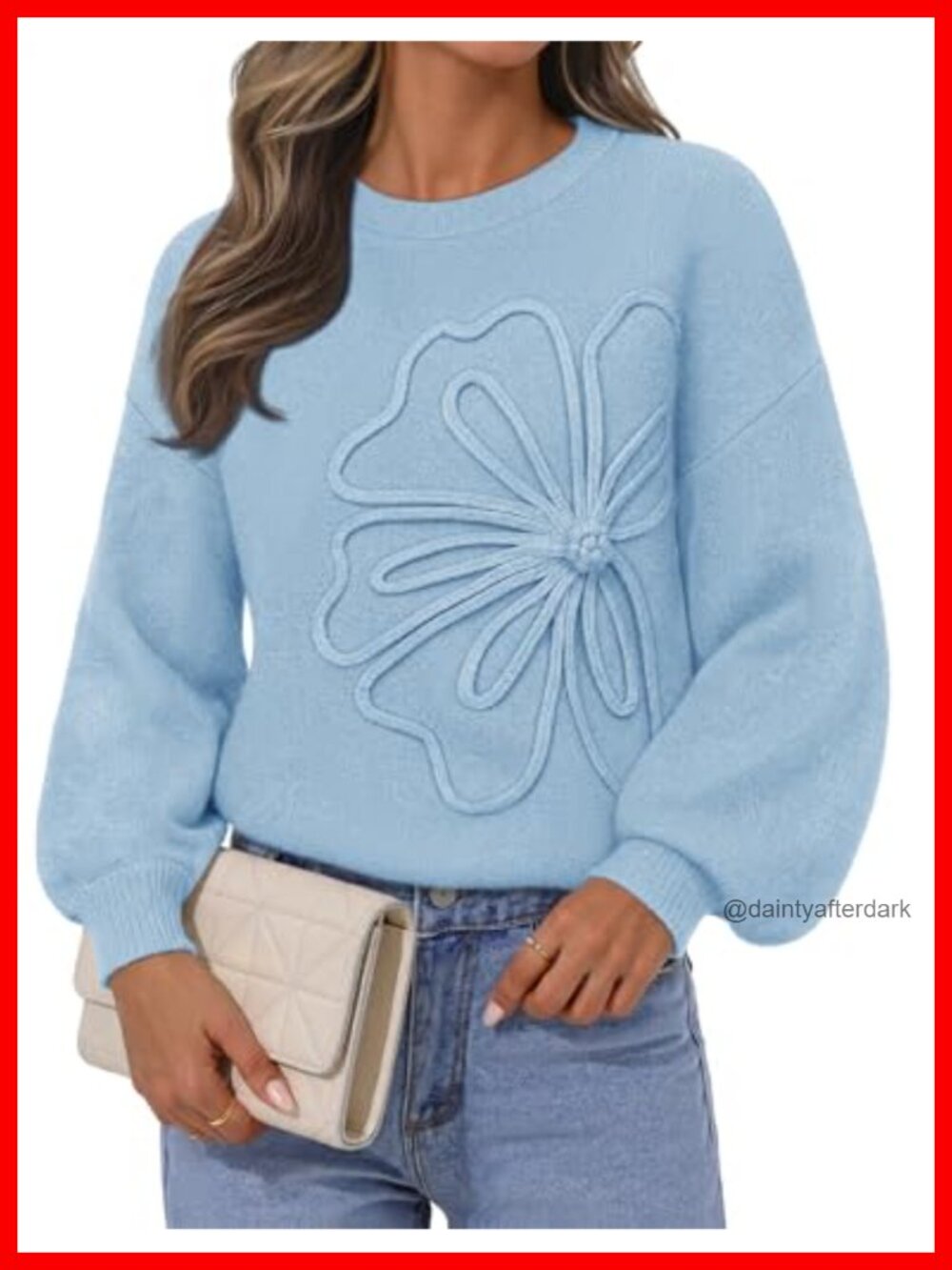 Women's Oversized Knit Pullover Sweater Long Lantern Sleeve 3D Floral Drop